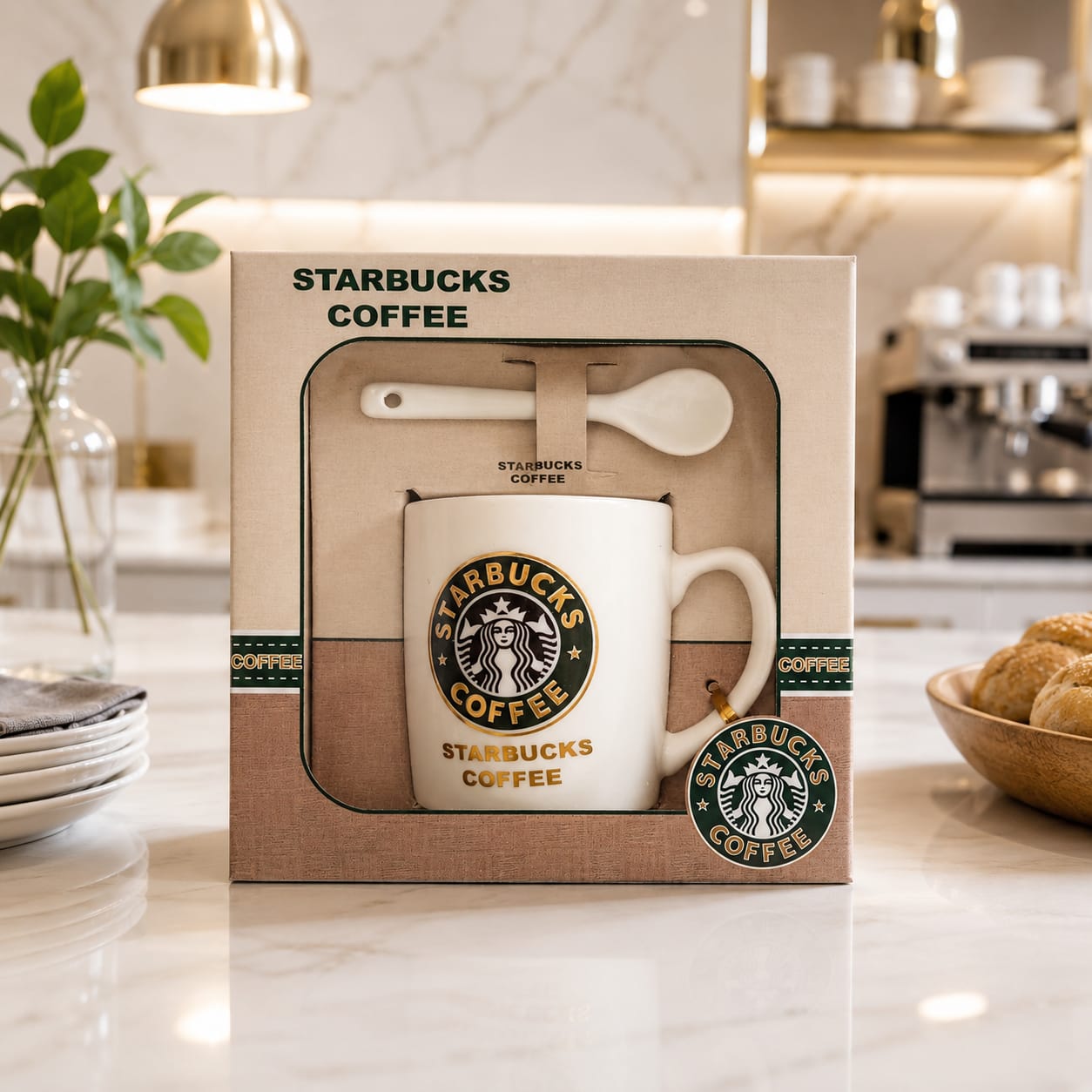 Set Taza de Café con Cuchara Estilo Starbucks | Mug de Cerámica para Regalo